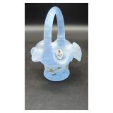 Fenton Blue Glass Basket, Hand-painted Floral...