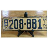1939 Minnesota License Plate B208-881, Yellow &...