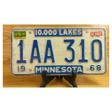 1968 Minnesota 10,000 Lakes License Plate 1AA...