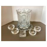 Pressed Glass Spooner, Salt Cellars & Doily