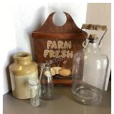 Vintage Bottles, Farm Fresh Sign, Crock