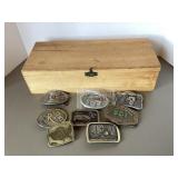 Wood Box with 8 Ag Theme Belt Buckles