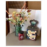Vintage Salt Box Tin, New Candle & Flower Frog