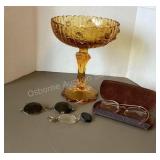 Amber Pedestal Dish with Vintage Spectacles & Fob