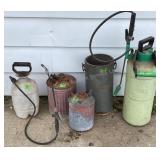 2 sprayers, 2 metal gas cans & Delaval bucket