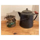 Coleman 502 Burner & a blue Graniteware Coffee Pot