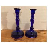 Cobalt blue glass 8 1/2" candle holders