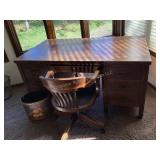 Antique Wood Desk, Office Chair & Waste Basket