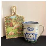 Signed Pig Pottery Pitcher & Cutting Board