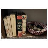 Cookbooks & granite ware bowl