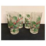 Six Hand Painted 5 1/2" Holly Theme Glasses