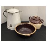 Ceramic bean crock, bowl and enamel coffee pot