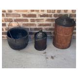 2 wood clad metal jugs & 1 cast iron pot