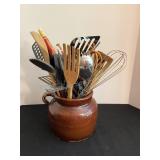 Stoneware Crock with vintage kitchen utensils