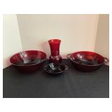 Ruby Red Glass Bowls & Vase