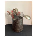 Primitive Wood Canister & Vintage Kitchen Utensils