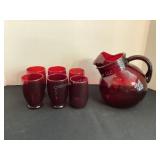 Ruby Red Glass Pitcher & 6 Glasses
