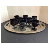 Silver Plate Tray & 8 Black Glass Goblets