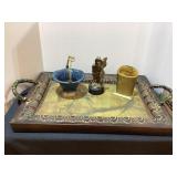 Large Tray, brass figurine, brass eyeglass