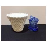 Milk Glass Planter & Covered Cobalt Bird Jar