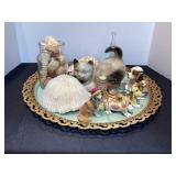Metal tray, dog figurines & ornaments, seashells &