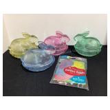 4 Colorful Bunny on Nest Dishes & NOS Tissue