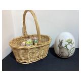 Basket of Egg Ornaments & Ceramic Easter Egg