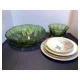 Green Glass Bowls & 4 Vintage Plates