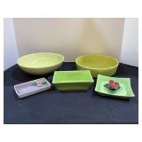 Vintage Pottery Pieces, yellow bowl is Hall