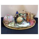 Mirrored Dresser Tray, vases, pin cushion