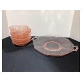 Pink Depression Glass Plate & 6 Berry Bowls