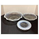 3 French Opalescent Hobnail Dishes