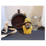 Wood Flask, Ceramic Sea Captain & Stein