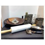 Wood bowl, biscuit cutter, marble rolling pin,