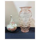 MCM Ceramic Covered Dish & 11" Pink Glass Vase