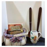 Basket, cookbooks, wood spoons, Italy pitcher