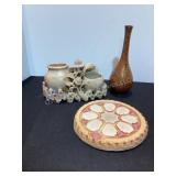 Carved soapstone holder, metal vase, pottery