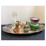 Silverplate tray, elephant figurines, brass bell,