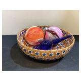Unique Pottery Bowl & 3 Glass Ornaments