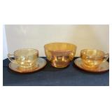 Carnival Glass Cups & Saucers with 5" bowl