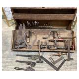 Primitive wood tool box and contents