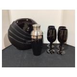 Black Glass Vase, Stemware & Shaker