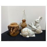 Wood turned vase, wood lamp, ceramic bunnies