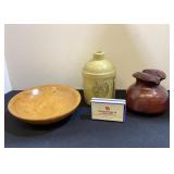 "Parrish" wood bowl, stoneware jug, insulator &