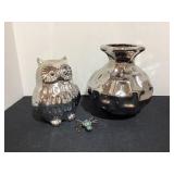 Silver Ceramic Owl, Vase & Fun Wire Spider