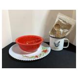 11" Milk Glass Plate, 7ï¿½ Red Glass Bowl & Barred