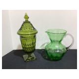 Green Glass Candy Dish & Pitcher