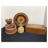 Wood Box, Plate & Pottery figurines