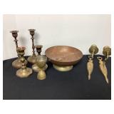 Brass candleholders, sconce & bowl