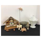 Clock, Trinket Box & Contents, milk glass